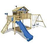 WICKEY Parco giochi in legno Smart Coast Giochi da giardino con altalena e scivolo blu, Casa su palafitte da esterno con sabbiera e scala di risalita per bambini