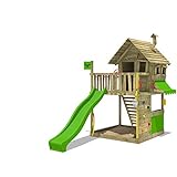 FATMOOSE Parco giochi in legno GroovyGarden Giochi da giardino con scivolo mela verde, Casetta da gioco per l'arrampicata con sabbiera e scala di risalita per bambini